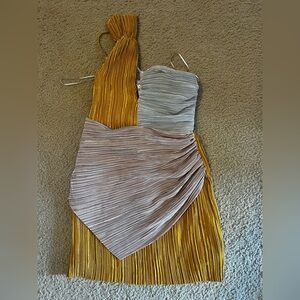 Alice McCall Asymmetrical Dress in Gold, Silver, and Tan